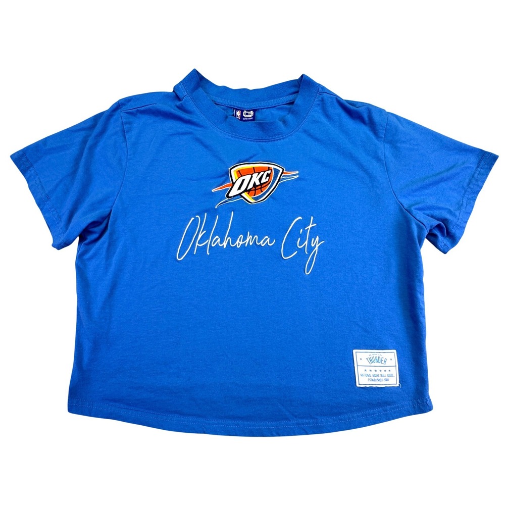 Oklahoma City Thunder Women's Shirt Large Crop Top Blue‎ Short Sleeve Graphic